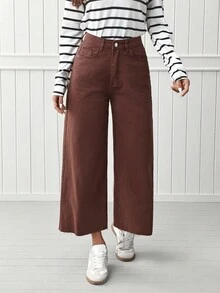 EMERY ROSE Women Solid Color Casual Wide Leg Jeans For Daily Wear - Coffee Brown - View 4