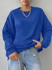 RueChic Solid Drop Shoulder Sweatshirt - Royal Blue - View 5