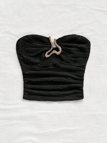 Soleia 女士度假勃艮第安卡拉红色波浪针织纹理镂空心形金属扣装饰修身短款上衣，适合派对、约会、下午茶、海滩、音乐节、狂欢节，可单独穿着或分层穿着 - 黑色 - 查看 4