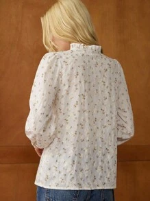 Écloséra Solid Color Floral Embroidered Long Sleeve Shirt, Spring/Autumn French Retro Three-Dimensional Lace Decoration Puff Sleeves Ruffles Small V Embroidery Printed Fabric Fall Women Clothes Long-Sleeved Teacher Shirts Going Out Tops Teacher Shirts Teacher Clothes - Apricot - View 2