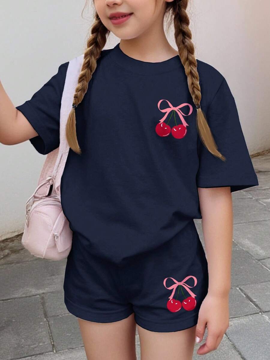 Emery Rose Kids Emery Rose Kids Bộ 2 món áo ngắn tay tối giản thường ngày và quần short cho bé gái tuổi teen, phù hợp cho mùa hè - Màu xanh hải quân - Xem 1
