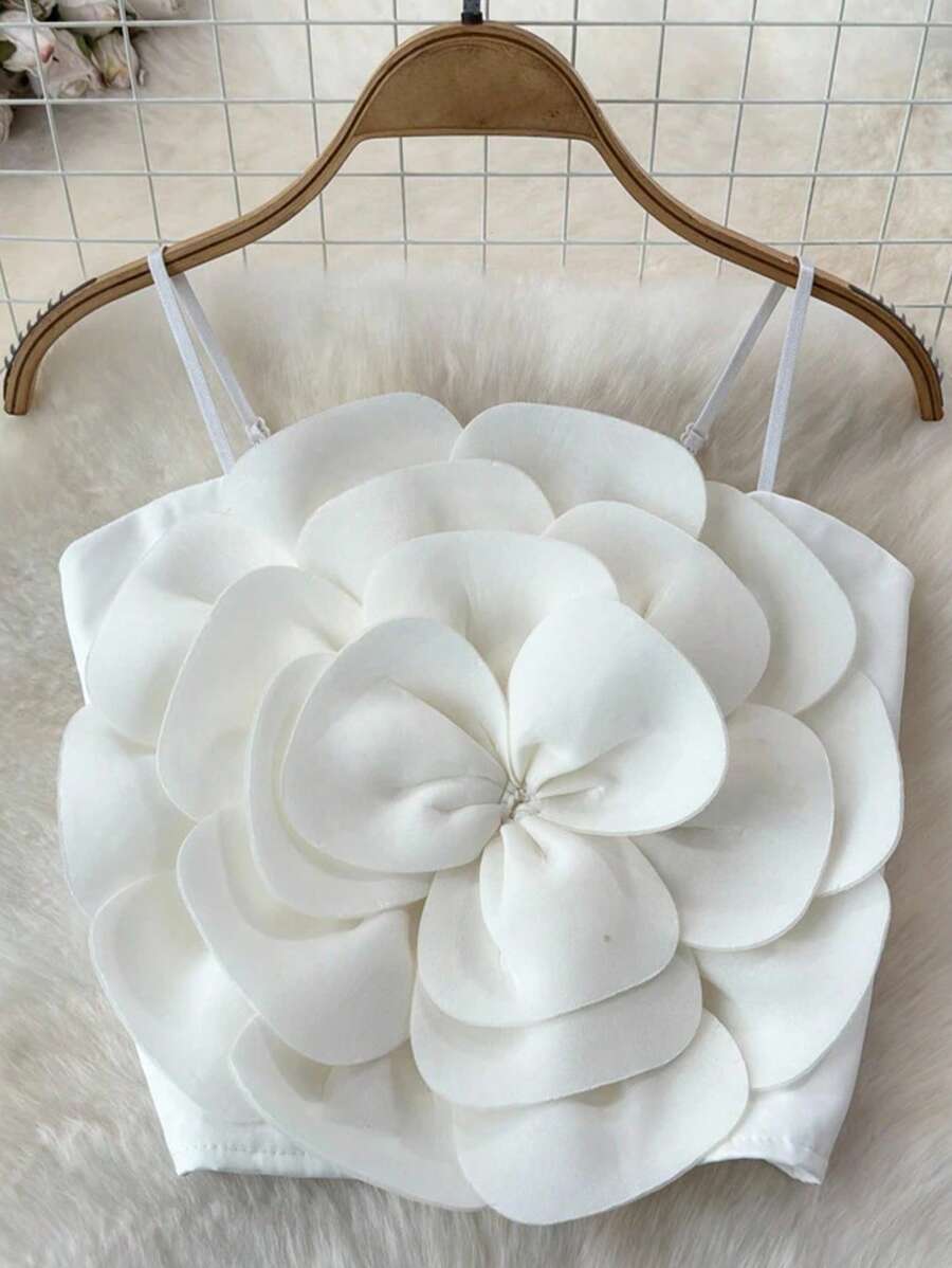 INAWLY Women's Solid Color 3D Floral Decor Camisole Top - White - View 1