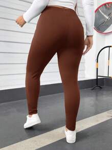SHEIN Essnce 大码女装春夏时尚休闲舒适日常高弹修身带口袋打底裤，春季女裤，机场休闲，曲线裤，街头风女装，外出休闲 - 棕色 - 查看 2