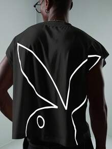 PLAYBOY X SUMWON Áo tank top không tay in hình thỏ, dáng rộng, thiết kế hở vai, phong cách đường phố tối giản, kiểu dáng rộng rãi, dáng crop top. - màu đen - Xem 5