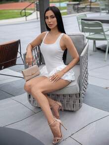 Carolina Barros Bộ đồ liền thân không tay màu trơn dành cho nữ, trang phục thời trang mùa hè - trắng - Xem 4