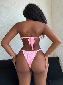 Alexandranx Women Beach Summer Outfits - Solid Color Bandeau Metallic Decor And Thong Bikini Set, Sexy Swimwear - Pink - View 2