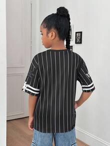 Tween Girl Streetwear Casual Versatile Sports American Team Baseball Striped Graffiti Oversized Short Sleeve Crew Neck T-Shirt,Holiday,Summer,Travel Graphic Tee - Black - View 2