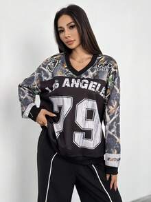 Teens (Girls) Casual Street Sports Jersey Camouflage Oversized V-Neck Sweatshirt Fall Winter - Black - View 5