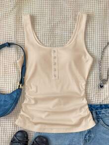 SHEIN Teen Girl's Basic Polka Dot Ribbed Casual All-Match Tank Top With Metal Buttons,Built In Bra,Racerback,Summer,Beige,Casual,Graduation - Apricot - View 3