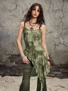 Grunge Punk Y2K Distressed Tie-Dye Asymmetrical Ruffle Hem Design Women Camisole - Army Green - View 2