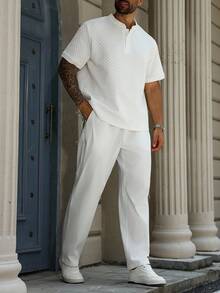 Manfinity Homme Áo thun polo tay ngắn cổ đứng cài nút phía trước màu trơn cỡ lớn dành cho nam - trắng - Xem 3