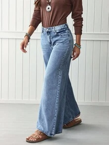 EMERY ROSE Quần Jeans Ống Rộng Dáng Rộng Có Nút Túi Phía Trước Cho Nữ - Rửa nhẹ - Xem 5