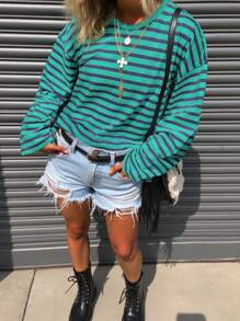 SHEIN Casual Loose Drop Shoulder Striped Long Sleeve T-Shirt