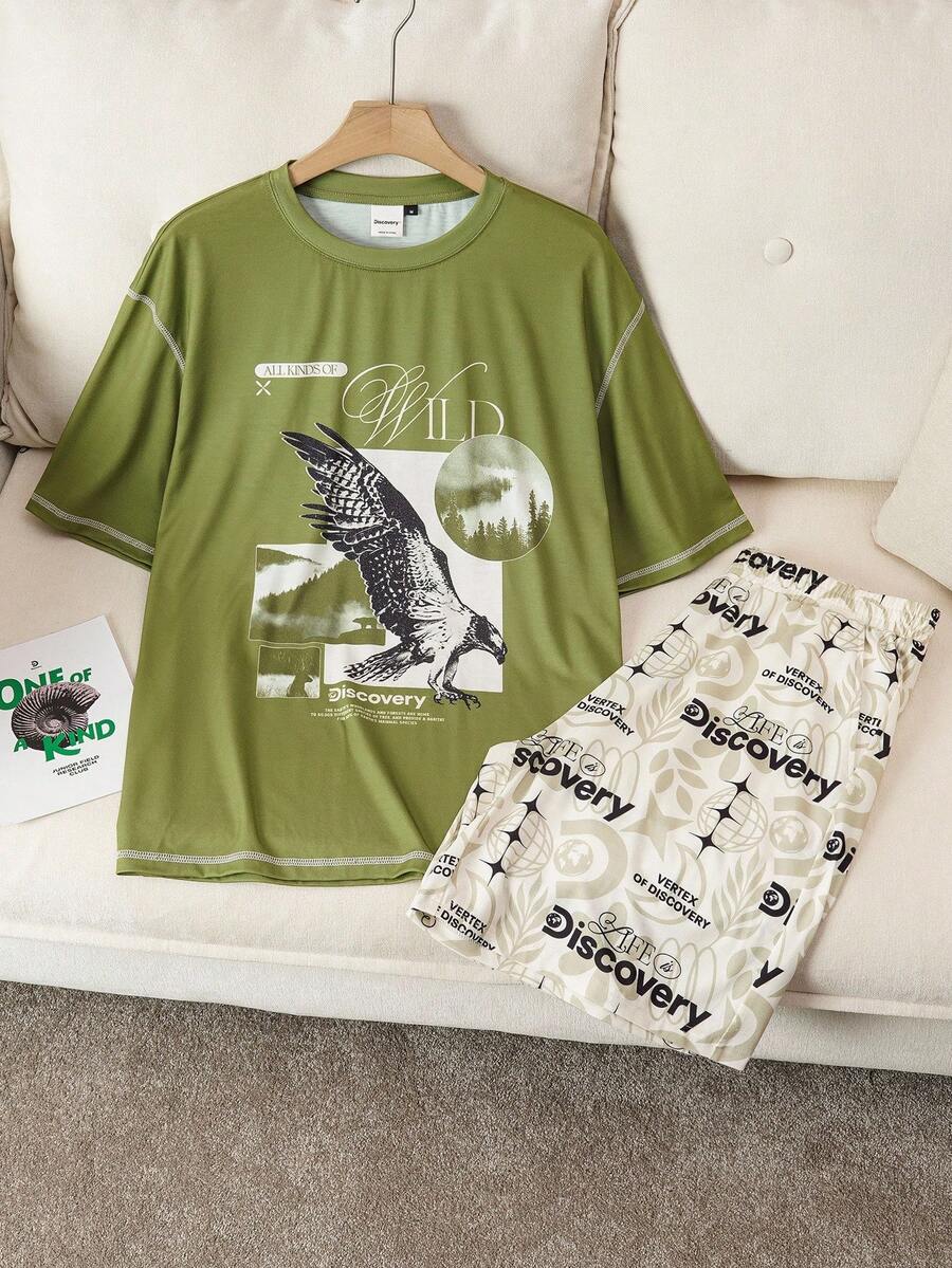 Discovery X SHEIN 男式字母与老鹰图案短袖上衣和裤子家居服套装 - 綠色 - 查看 1