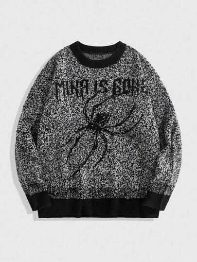 Street Life Maglione girocollo da uomo con motivo jacquard a ragno e lettera, autunno inverno