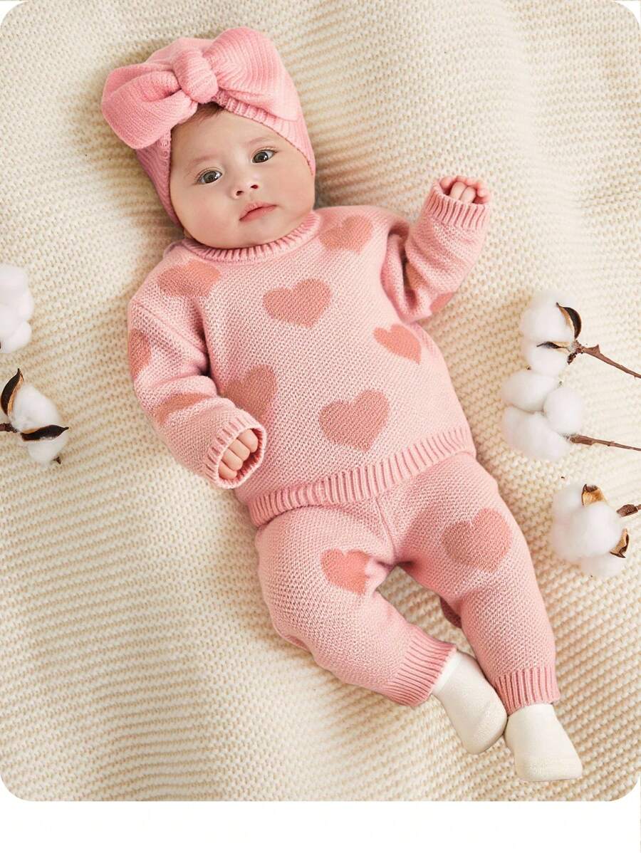 SHEIN Set di maglione a maniche lunghe e pantaloni in maglia rosa con motivo a cuori, adatto per neonati femmine, per autunno/inverno