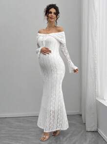 Momance White Lace Off-Shoulder Fitted Midi Maternity Dress