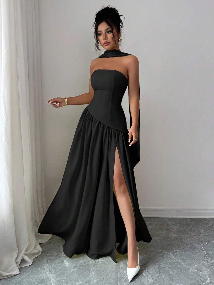 Selianne Nuevo vestido maxi elegante y de moda con corte asimétrico de unicolor, parche sexy con abertura alta y escote halter, con cinta colgante, adecuado para vacaciones, citas románticas, fiestas de graduación, bodas - Negro - Añade 5