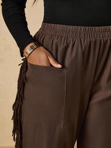 SHEIN VCAY 大码休闲复古风格流苏花卉装饰口袋女式秋季灯笼裤，踝带 - 咖啡棕 - 查看 3