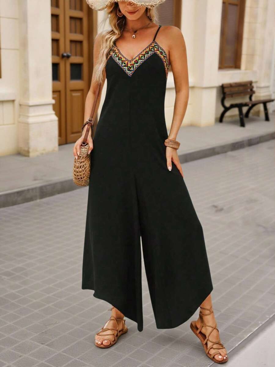 Brillora 度假幾何刺繡吊帶背心連身褲 - 黑色 - 查看 1