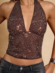 SHEIN BAE 女士秋季棕色亮片露背吊带上衣，时尚亮片上衣，适合芝加哥音乐节、外出、夜生活、乡村音乐节、约会、锐舞派对、演唱会、复古上衣、性感夜店装扮、约会之夜、情人节等场合。 - 棕色 - 查看 7