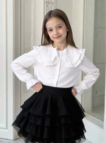 女童白色休闲时尚百搭衬衫，彼得潘领设计，长袖，适合春秋季节 - 白色 - 查看 1