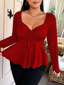 Vionelle Plus Size Sweetheart Neck Front Drawstring Ribbed Long Sleeve T-Shirt Fall Cloth For Women - Red - View 7