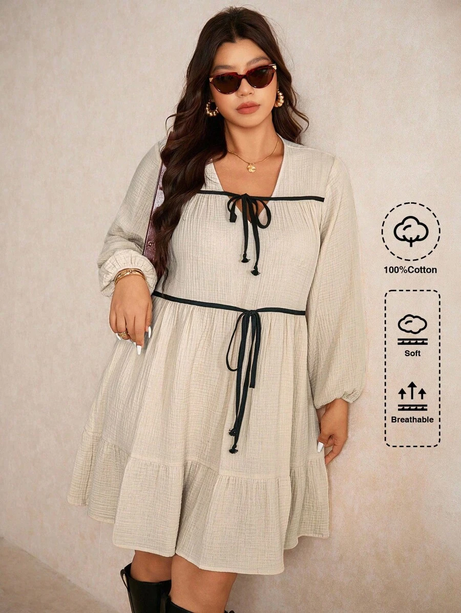 Elaquor Plus Size Casual 3/4 Lantern Sleeve Tie-Up Textured Chiffon A-Line Dress - Apricot - View 1