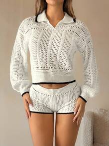 SHEIN ICON 女士翻领落肩镂空毛衣和针织短裤休闲两件套 - 白色 - 查看 4