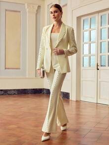 ZEYLAH Embellished Pearl Beaded Women's Blazer Fall Cloth For Women - White - View 3