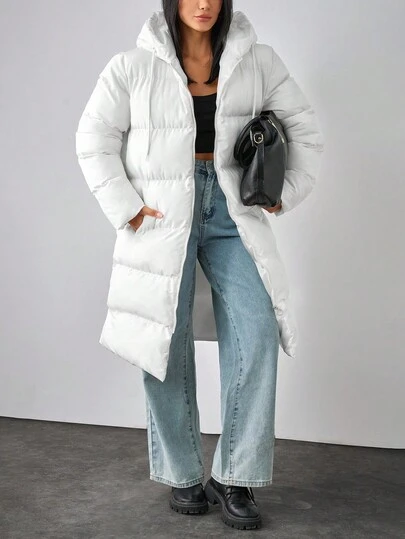 EURMUSE Women's Long White Puffer Jacket With Hood, Casual Zipper Outerwear Womens White Winter Coat Hooded Puffer Jacket Long Puffer Coat Winter Coat Women White Puffer Jacket Women