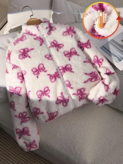 SHEIN Flickjacka, söt jacka med rosett och fuskpäls med dragkedja, lämplig för vinter, vardag, skola, resor och utomhusbruk