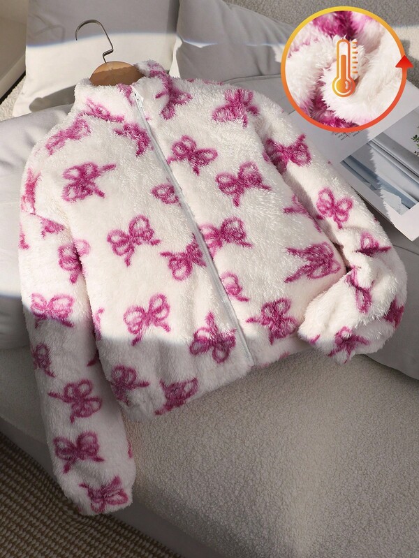 SHEIN Girls' Jacket Coat, Cute Bow & Faux Fur Zipper Jacket, Suitable For Winter, Everyday, School, Travel And Outdoor Wear Fall