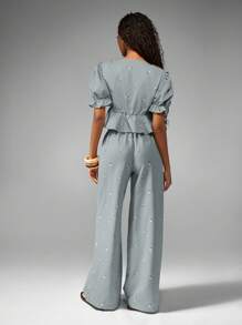MISSGUIDED Puff Sleeve Embroidered Linen Feel Two Piece Coord Set Summer Cottagecore Style Spring Ruffle Trim Wide Leg High Waist Pants Beach Vacation Boho Resort Wear Collection - Blue - View 2