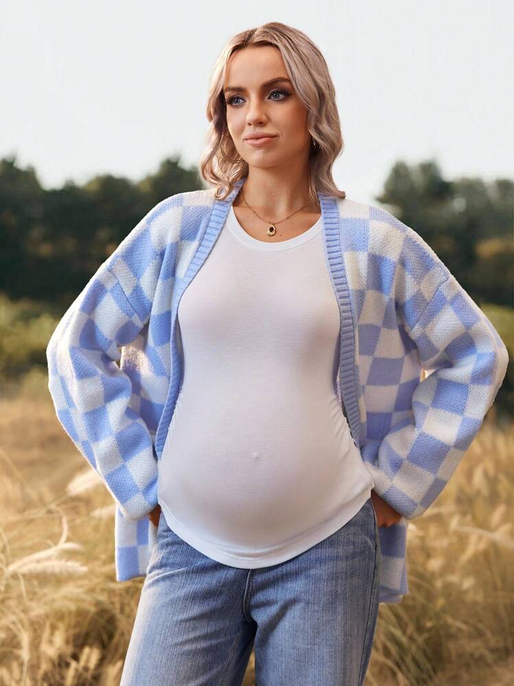 SHEIN Maternity Plaid Print Drop Shoulder Long Sleeve Cardigan Sweater - Blue - View 3