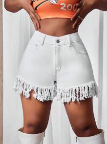 Slaydiva Pantaloncini di jeans casual da donna con orlo a frange, colore tinta unita, estivi