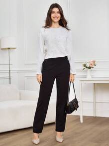 Miaspire 女士圆领长袖 T 恤，优雅设计，饰有串珠和 3D 花卉元素，秋冬 - 白色 - 查看 6