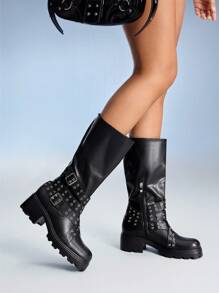 CUCCOO GRLICON Botas por encima de la rodilla para mujer, estilo Y2K, look motero, de vuelta al colegio, Halloween, atuendo para fiesta de Navidad - Negro - Ver 4