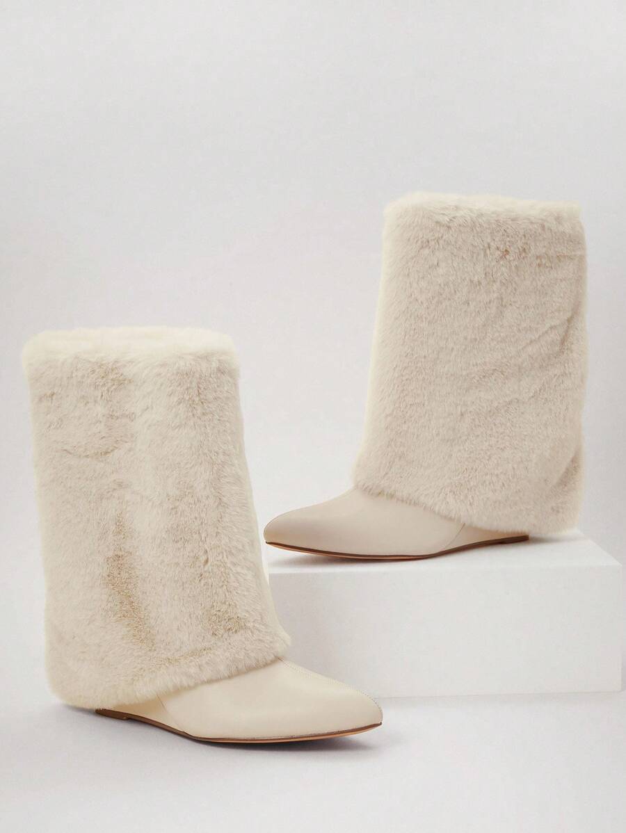 SHUZIA Cozy Glam Women's Man Made Fur Mid-Calf Snow Boots- Warm, Luxe & Eye-Catching Winter Style With Anti-Slip Sole For Chic Cold-Weather Looks - Beige - View 1