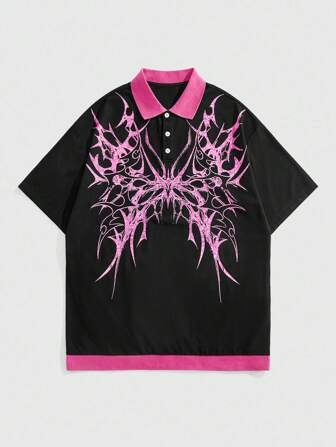 Goth Herren Lässig Knopfleiste Halbplakette bedrucktes dunkles T-Shirt, Emo, 2000er Jahre Stil