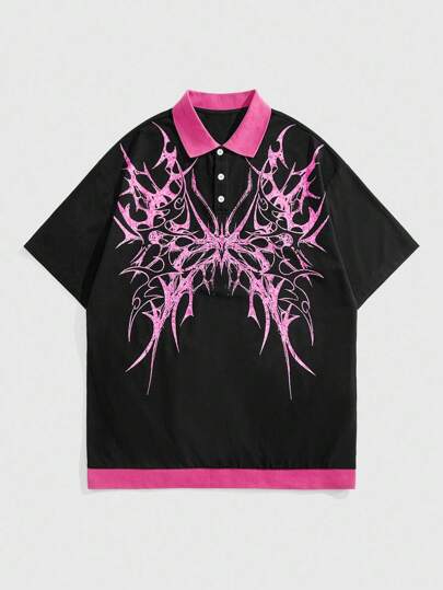 Street Life Men's Casual Button-Up Half Placket Printed Dark T-Shirt, Emo, 2000s Style