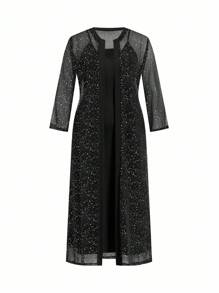 Ellevyn Curvy Plus Size Elegant Two-Piece Suit,Black Autumn Formal Evening Mesh Sequin Leaf Cardigan & Dress,Mother Of The Bride Wedding Guest Formal Outfit - Black - View 7