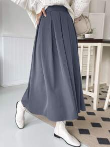 DAZY Chân váy xếp ly chữ A màu trơn, đơn giản, đa năng, phù hợp cho nữ, thích hợp đi làm hàng ngày. - Màu xanh lam - Xem 4