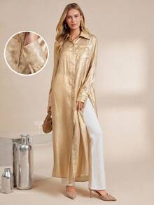 Amorya Women's Elegant Gold Shirt Collar Long Split Dress,Autumn Satin Silky Maxi Dress For Party,Gatherings,Commuting And Halloween Costume - Gold - View 7