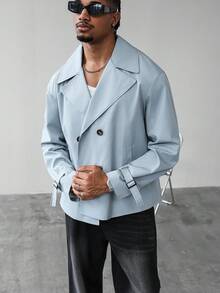 Manfinity Homme Herren Langarm Lässig einfarbiger Doppelreiher Trenchcoat, Frühling/Herbst leicht blauer Doppelreiher Trenchcoat, ein tolles Geschenk für deinen Freund, Rückkehr zur Schule Doppelreiher Baby Blau Anzug - Grau - Übersicht 4