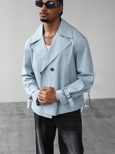 Manfinity Homme Men's Long Sleeve Casual Solid Color Double-Breasted Trench Coat, Spring/Autumn Light Blue Double Breasted Trench Coat, A Great Gift For Your Boyfriend, Back To School Double Breasted Baby Blue Suit