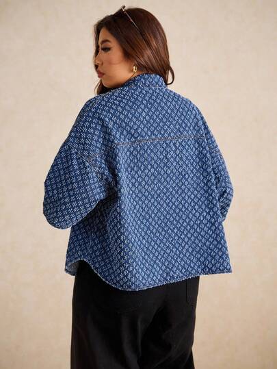 Elaquor Oversized Blue Denim Loose Top Short-Sleeved Shirt Exquisite Denim Jacquard Fabric French Casual Wear