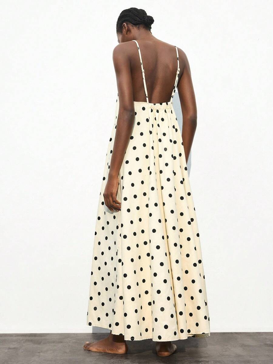 Maija 女式波尔卡圆点宽松可调节肩带连衣裙，商务休闲假日露背优雅连衣裙
