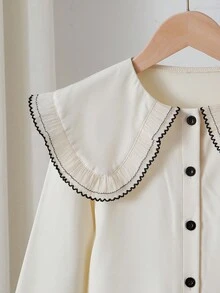 SHEIN 韩版甜美花卉刺绣荷叶边领撞色长袖休闲衬衫，适合度假、旅行、返校、春秋季穿着。 - 白色 - 查看 7