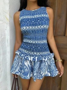 Sunnyshic Women Summer Casual Fashion Resort Print Double Ruffle Trim Sleeveless Mini Dress